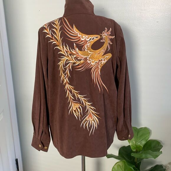 Bob Mackie Wearable Art Zip Front Brown Embroidered Phoenix Bird Jacket Size M - Picture 1 of 17